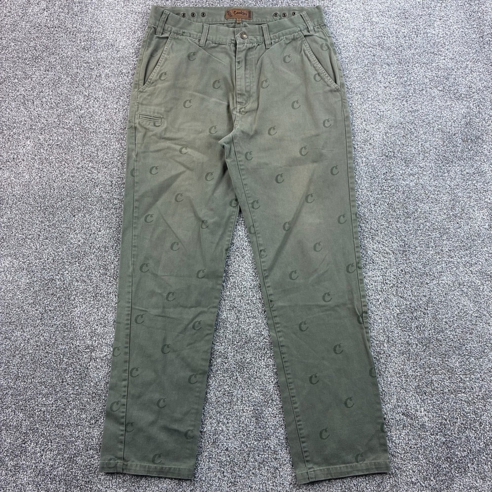 Cookies Pants Mens 32x30 Green Cotton All Over Logo Print Chinos Streetwear